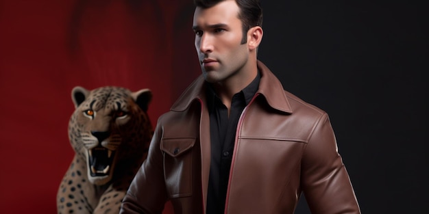 Ein Mann in einer braunen Lederjacke mit einem Leoparden auf dem Rücken.