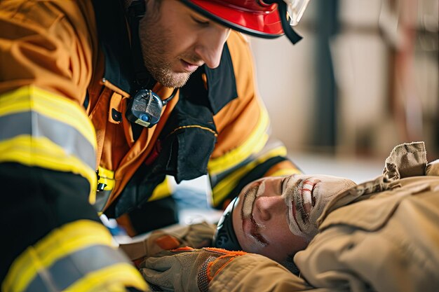 Foto ein mann in einer firmans-uniform hilft einem anderen mann mit einem atemgerät