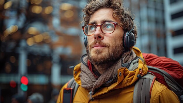 Ein Mann in einer gelben Jacke hört Musik durch Kopfhörer