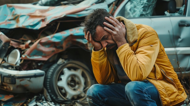 Ein Mann in einer gelben Jacke sitzt auf dem Boden neben einem zerstörten Auto