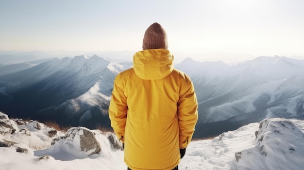 Ein Mann in einer gelben Jacke steht auf einem verschneiten Berggipfel.