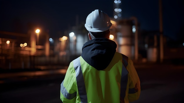 Ein Mann in einer gelben Sicherheitsjacke steht nachts vor einer Fabrik.