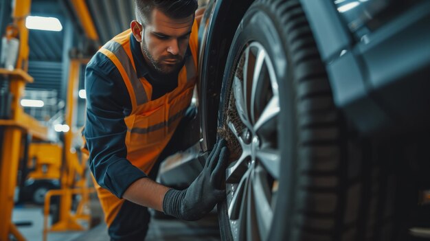 Ein Mann in einer gelben Weste arbeitet an einem Autoreifen