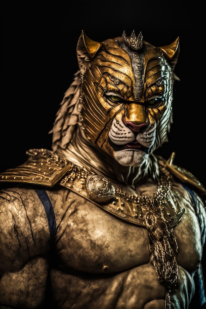 Ein Mann in einer goldenen Maske mit dem Wort Tiger darauf