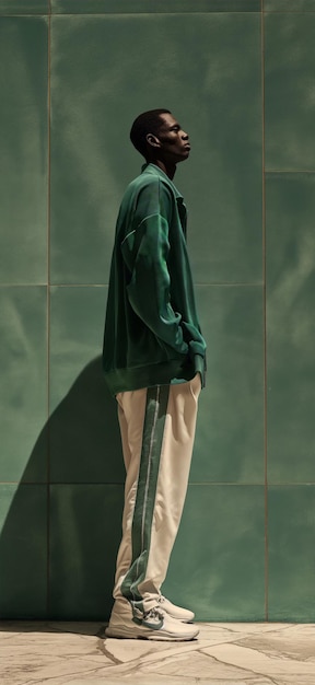 ein Mann in einer grünen Jacke steht in einer Dusche mit einem Stock