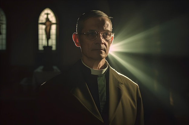 Foto ein mann in einer kirche mit gelber jacke und brille steht vor einem fenster mit licht