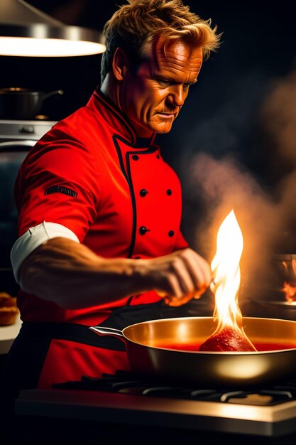 Ein Mann in einer Kochuniform kocht Essen