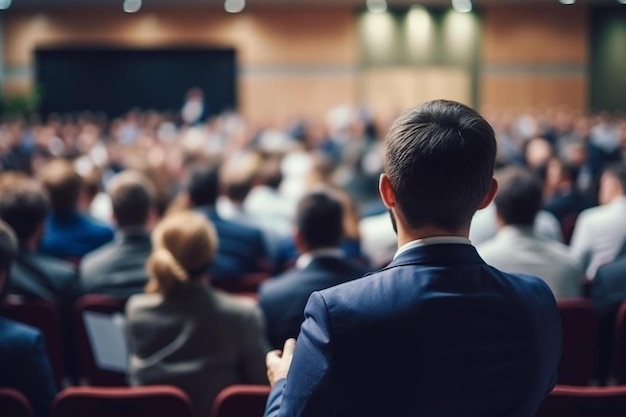 ein Mann in einer Konferenz mit einer Menschenmenge im Hintergrund