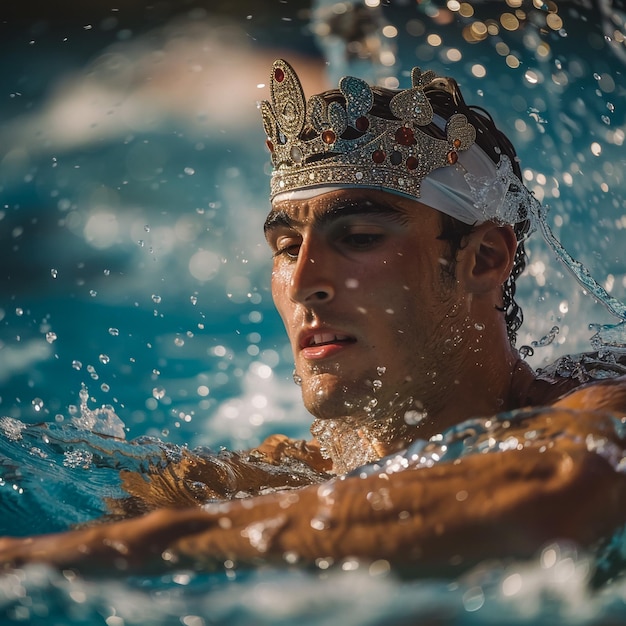 ein Mann in einer Krone schwimmt unter Wasser mit einer Krone auf dem Kopf