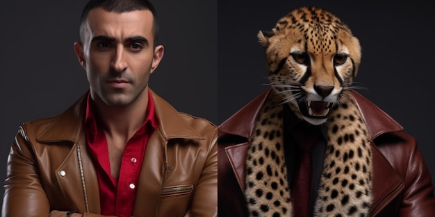 Ein Mann in einer Lederjacke und einem Leoparden auf der linken Seite
