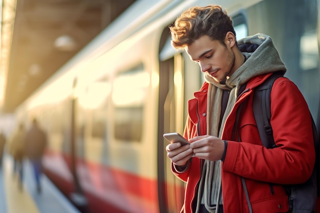 Ein Mann in einer roten Jacke benutzt sein Telefon an einem Bahnhof