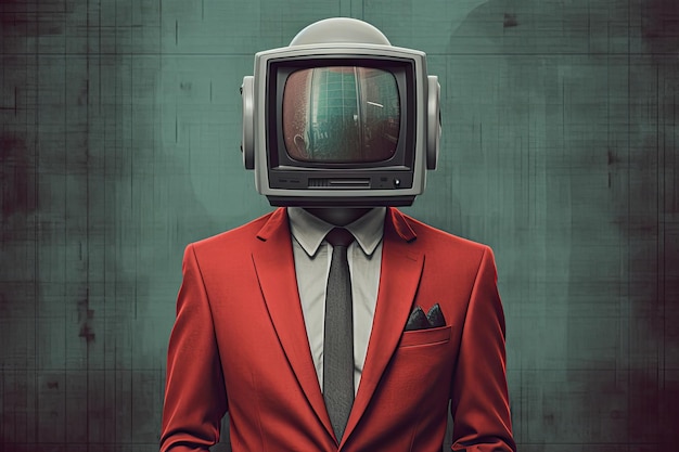 Ein Mann in einer roten Jacke mit einem Fernsehkopf im Stil der generativen KI der 1970er Jahre