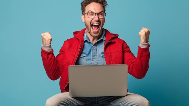 Ein Mann in einer roten Jacke mit einem Laptop auf dem Schoß schreit und schreit.