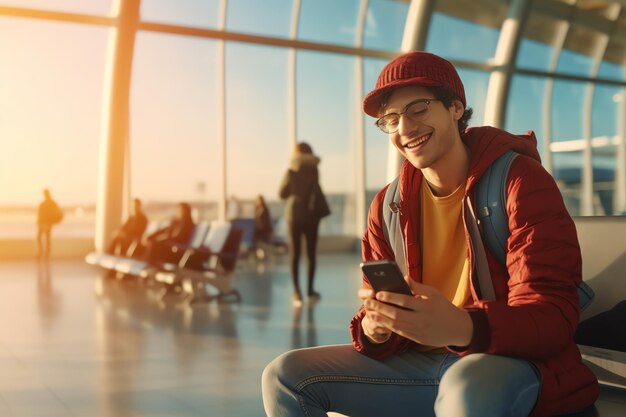 Ein Mann in einer roten Jacke sitzt auf einem Flughafen und schaut auf sein Telefon