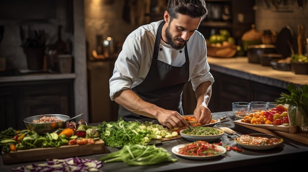 Ein Mann in einer Schürze bereitet geschickt Essen in einer Küche vor