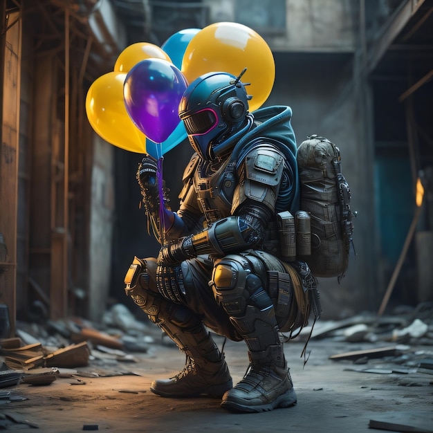 Ein Mann in einer schwarzen Gasmaske hält Ballons in einem Gebäude.