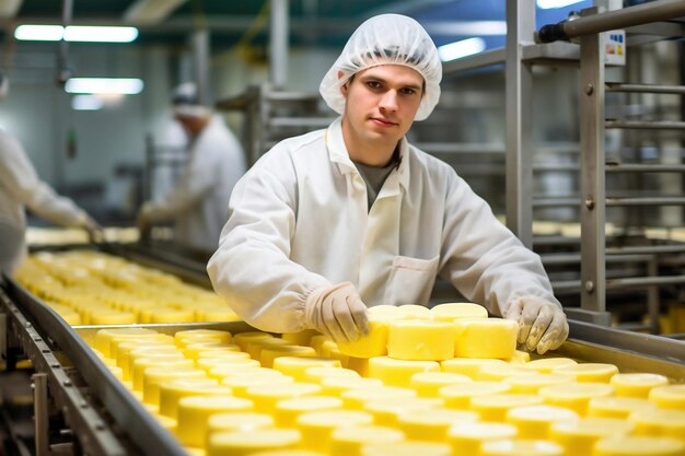 Ein Mann in einer weißen Jacke und einem weißen Hut Industrie-Käse-Produktionsanlage Moderne Technologien Produktion verschiedener Käsesorten in der Fabrik