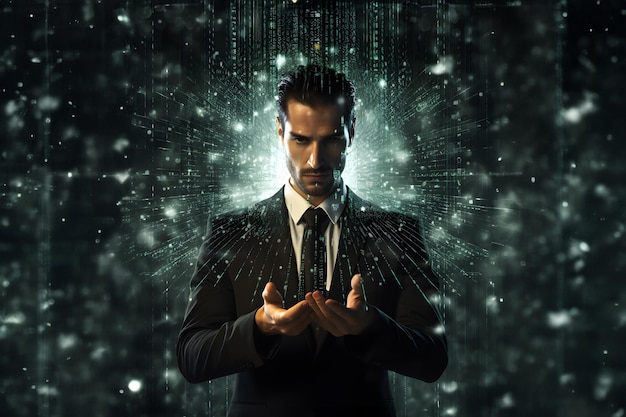 Foto ein mann in formeller kleidung mit teilen seines gesichts und seiner hände, die zu strömen von binärcode übergehen
