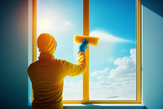 Ein Mann in gelben Handschuhen reinigt ein Fenster mit einem Rakel und Sprühreiniger auf einer Terrasse. Hintergrund des blauen Himmels. Generative KI