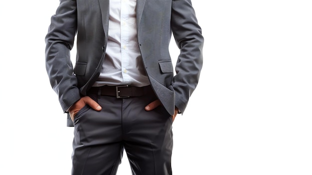 Ein Mann in grauem Anzug und weißem Hemd mit Händen in den Taschen