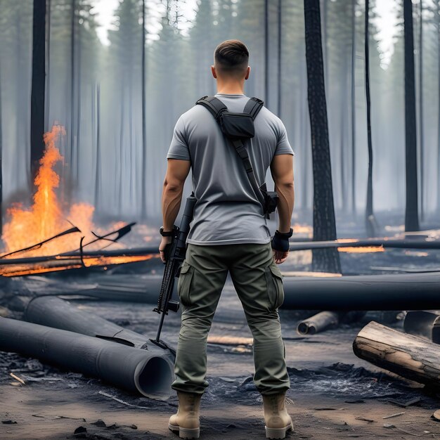 Ein Mann in Kampfbekleidung in einem niedergebrannten Wald hält ein automatisches Gewehr