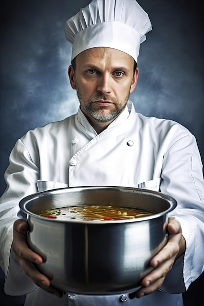Ein Mann in Kochuniform hält eine Schüssel Suppe in der Hand