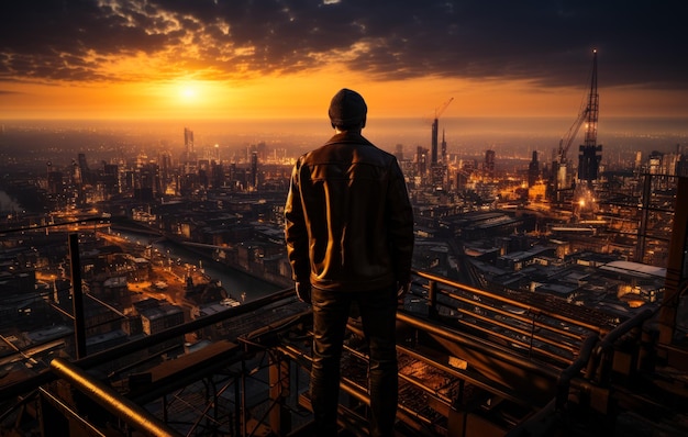 Ein Mann in Lederkleidung steht mit dem Rücken zur Kamera, eine Person, die das nächtliche Stadtbild von oben genießt.