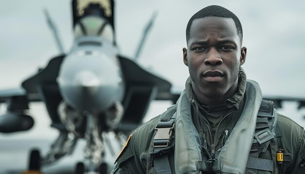 Ein Mann in Militäruniform steht neben einem Kampfflugzeug