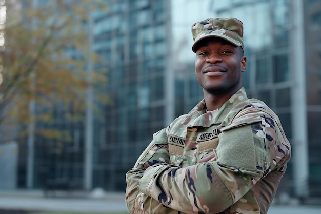 Ein Mann in Militäruniform steht vor einem Gebäude