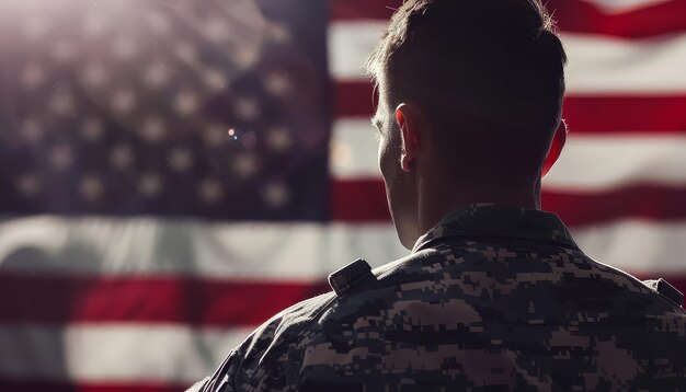 Foto ein mann in militäruniform steht vor einer großen amerikanischen flagge