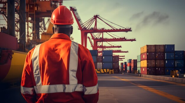 Ein Mann in orangefarbener Uniform steht auf einer Straße, im Hintergrund ein Containerschiff.