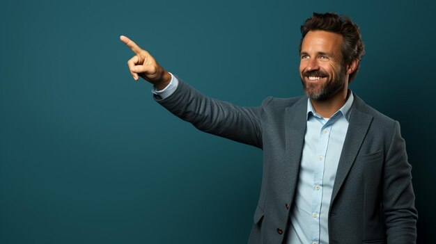 ein Mann in ordentlicher Kleidung mit einer zeigenden Handgestur im Studio-Hintergrund, der mit AI erstellt wurde