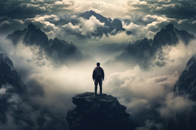 Ein Mann in roter Jacke steht auf dem Gipfel eines Berges in der Wolke ein Mann steht auf der Spitze des Berges, der von KI generiert wurde