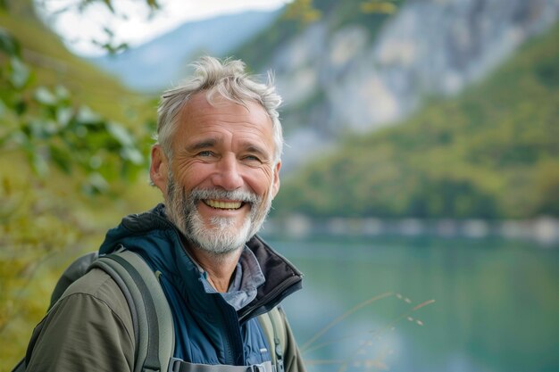 Ein Mann in seinen Fünfzigern und Sechzigern, der Glück und ein Gefühl des Gefühls ausstrahlt, wirklich am Leben zu sein in einem wunderschönen natürlichen Pa