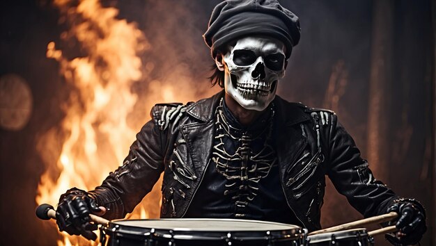 ein Mann in Skelett-Make-up spielt Schlagzeug vor einem Feuer