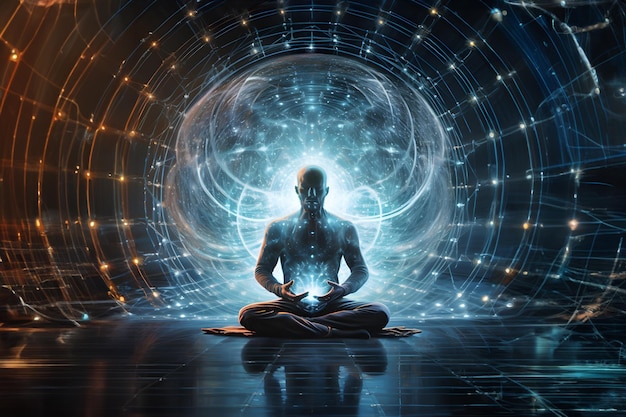 Ein Mann in tiefer Meditation mit Schaltkreisen und Energieleitungen, die aus seinem Körper hervorgehen und mit einem schwimmenden