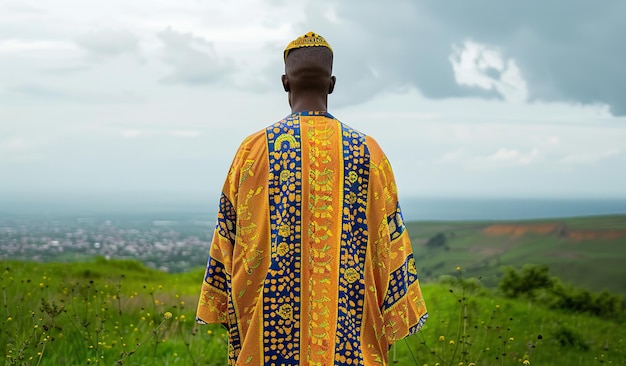 Ein Mann in traditioneller afrikanischer Kleidung mit Blick auf die malerische Landschaft