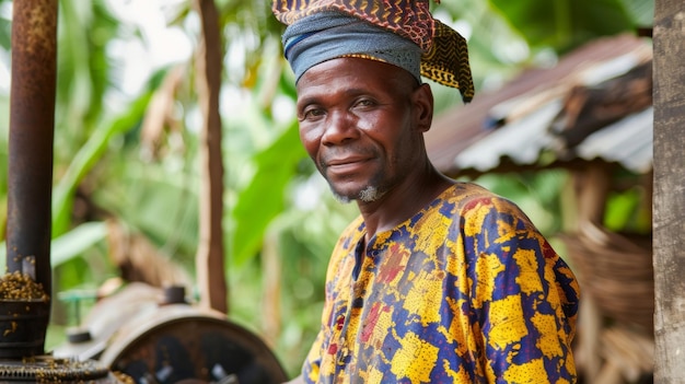 Ein Mann in traditioneller Kleidung betreibt in einem ländlichen Dorf eine kleine Biokraftstoffverarbeitungsanlage