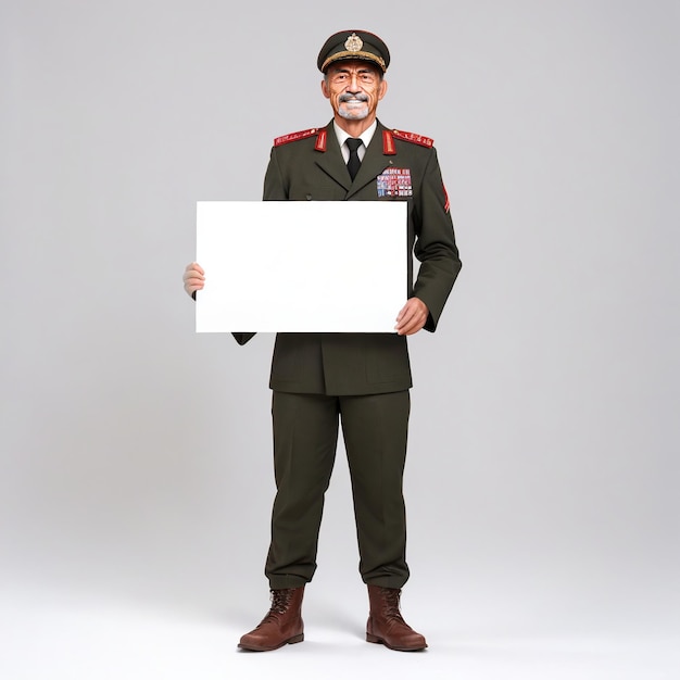 ein Mann in Uniform, der ein leeres Schild hält