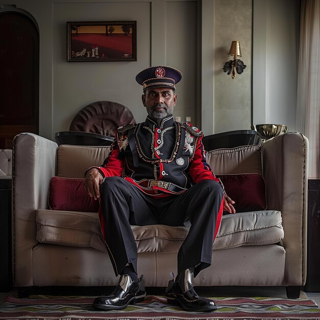 ein Mann in Uniform sitzt auf einer Couch in einem Raum mit einem Vorhang und einem Bild eines Mannes in Uniform