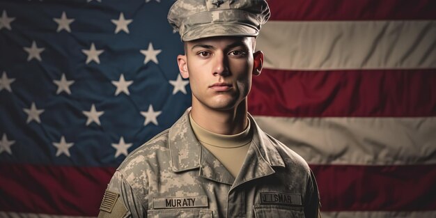 Ein Mann in US-Armeeuniform auf dem Hintergrund der amerikanischen Flagge