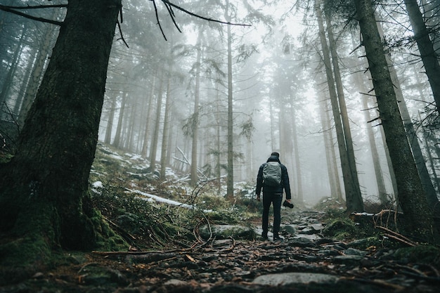 Ein Mann in voller Länge steht im Wald