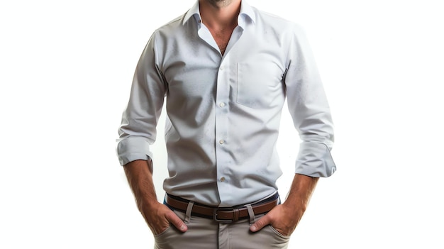 Ein Mann in weißem Hemd und Khaki-Hose posiert mit den Händen in den Taschen, er trägt einen Gürtel und sein Hemd ist nicht eingezogen.
