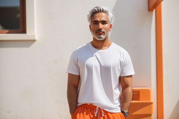 Ein Mann in weißem T-Shirt und orangefarbenen Shorts