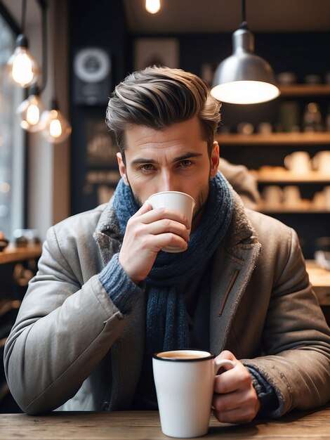 Ein Mann in Winterkleidung sitzt in einem Laden und trinkt Kaffee