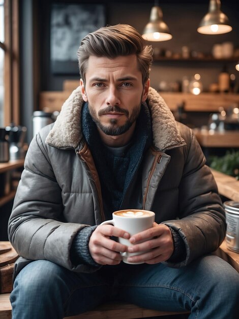 Ein Mann in Winterkleidung sitzt in einem Laden und trinkt Kaffee