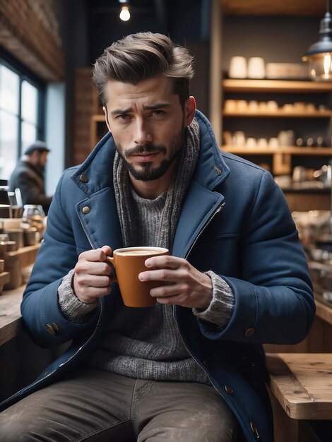 Ein Mann in Winterkleidung sitzt in einem Laden und trinkt Kaffee