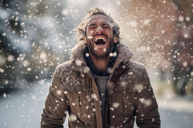 Foto ein mann in winterkleidung spielt im schnee vor dem haus