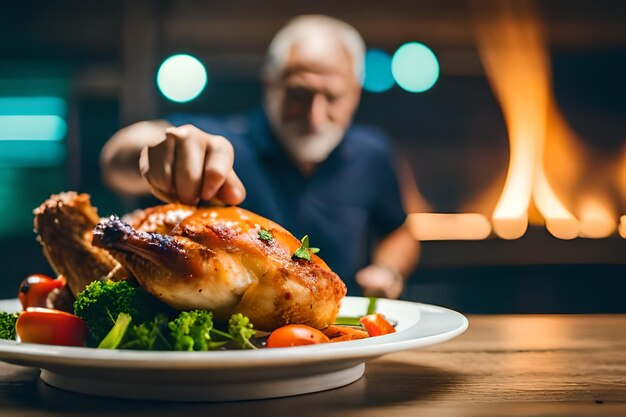 Foto ein mann isst eine mahlzeit mit einem truthahn auf dem teller