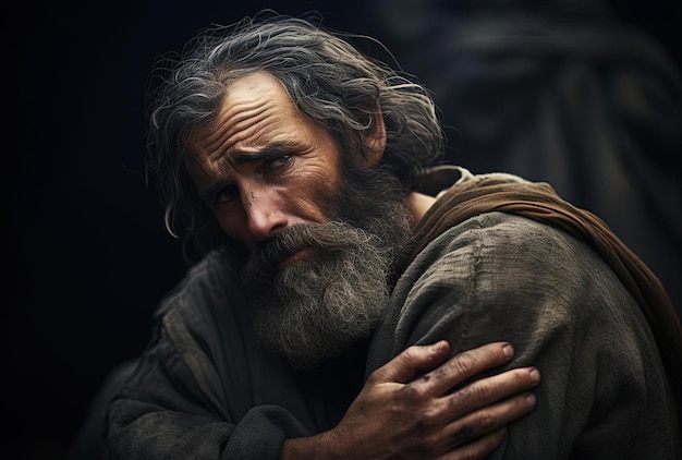 Ein Mann ist obdachlos im Stil dramatischer, düsterer religiöser Werke in Hellbraun und Grau